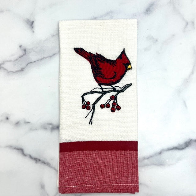 Towel Embroidered Cardinal Christmas
