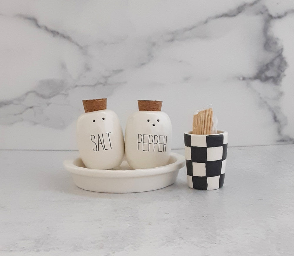 Salt and Pepper Toothpick Caddy Set Checkered