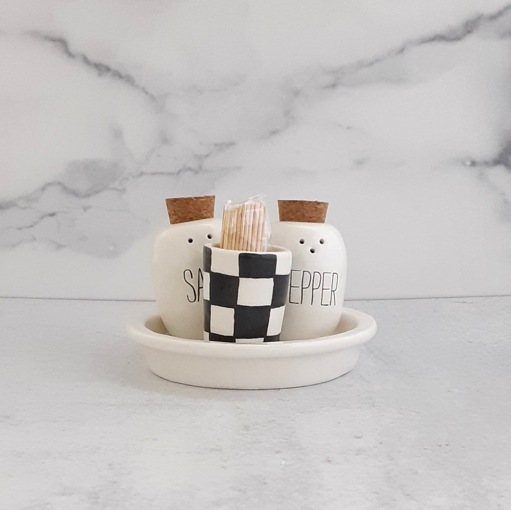 Salt and Pepper Toothpick Caddy Set Checkered