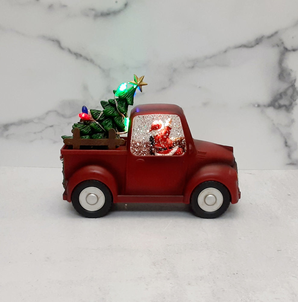 Lighted Water Globe Truck Santa & Dogs 9"