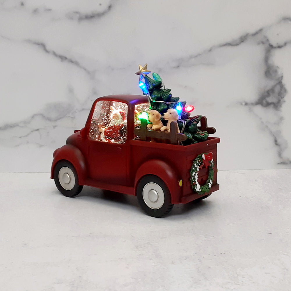 Lighted Water Globe Truck Santa & Dogs 9"