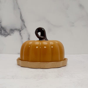 Butter Dish Pumpkin Shaped w/Stem Handle Stoneware