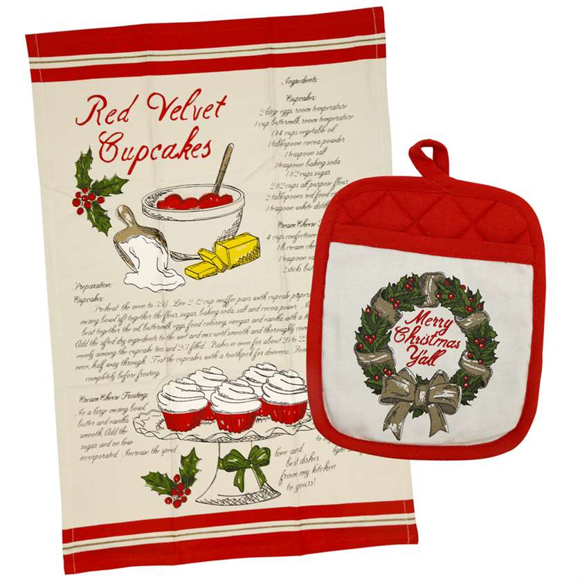 
            
                Load image into Gallery viewer, Paula Deen&amp;#39;s Red Velvet Cupcake Recipe Towel and Merry Christmas Y&amp;#39;all Potholder Set
            
        