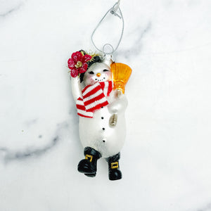 Glass Snowman w/Broom Ornament 4.5 "