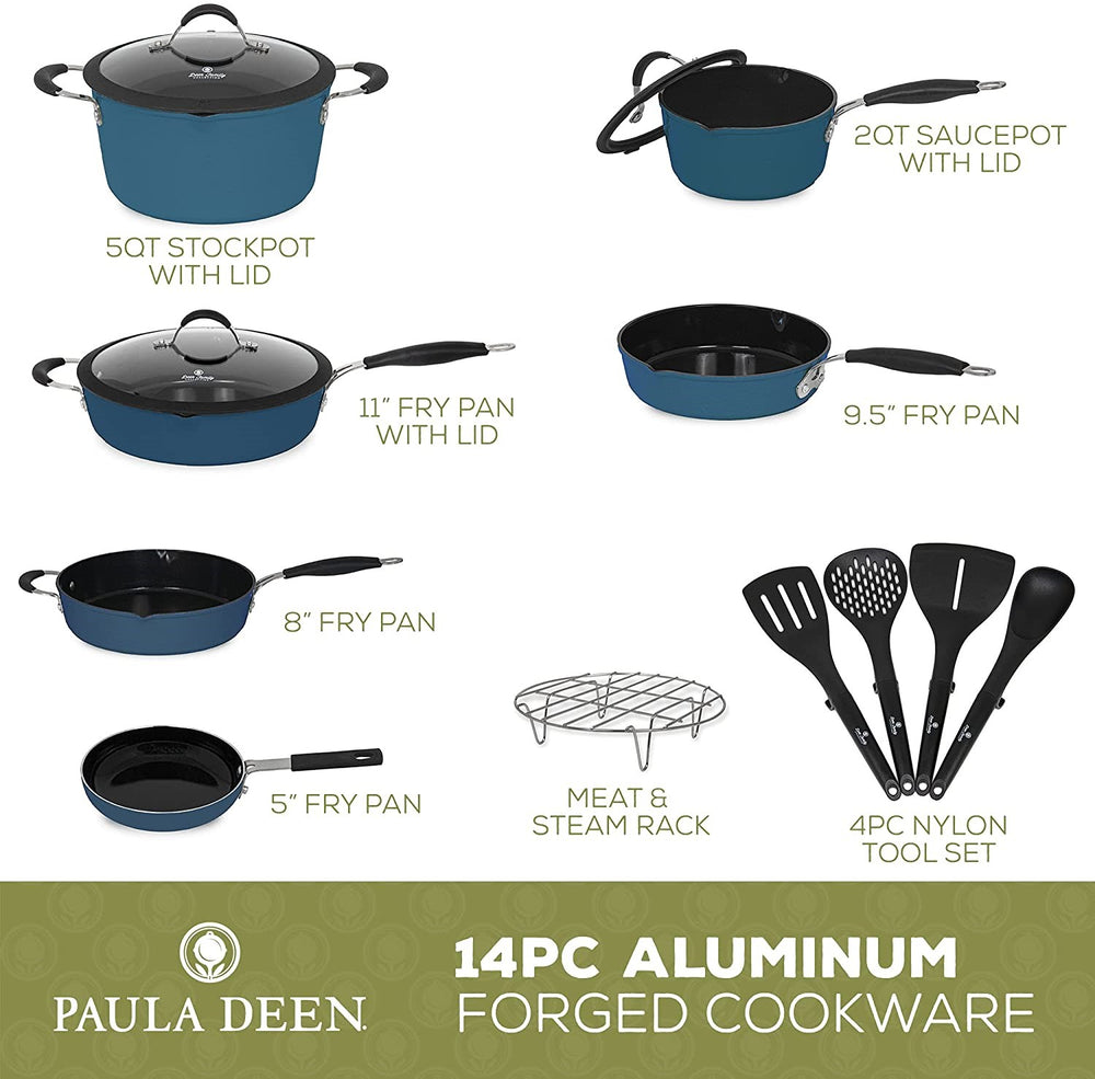 
            
                Load image into Gallery viewer, Paula Deen Family&amp;#39;s New Hammered Aluminum Forged Savannah Blue 14pc Cookware Set
            
        
