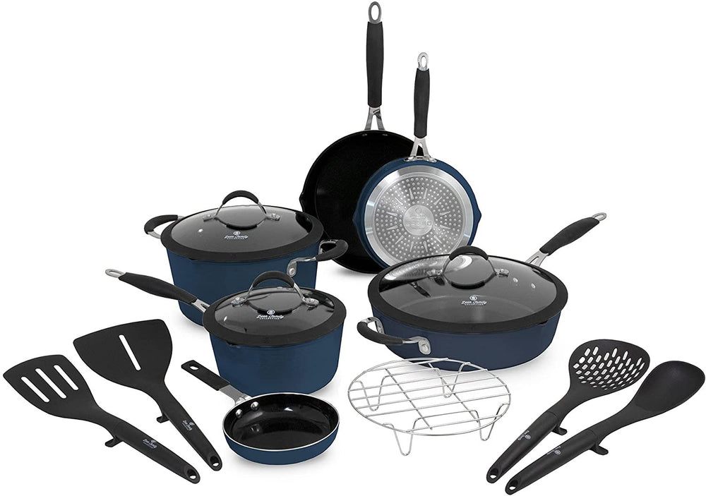 
            
                Load image into Gallery viewer, Paula Deen Family&amp;#39;s New Hammered Aluminum Forged Savannah Blue 14pc Cookware Set
            
        